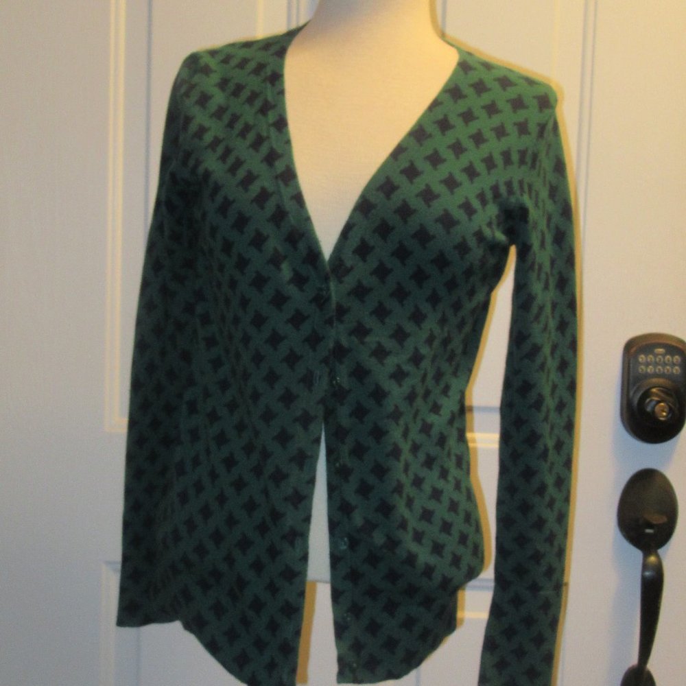Merona Medium Green and Navy Print Cardigan Sweater